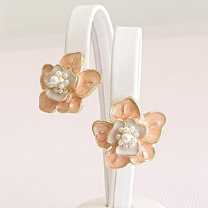 Gold and Peach Flower studs with Pearl Centre