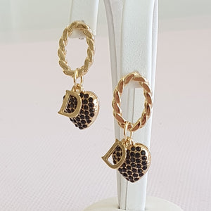 Gold and Black Sparkle Heart with D Charm Dangle Studs