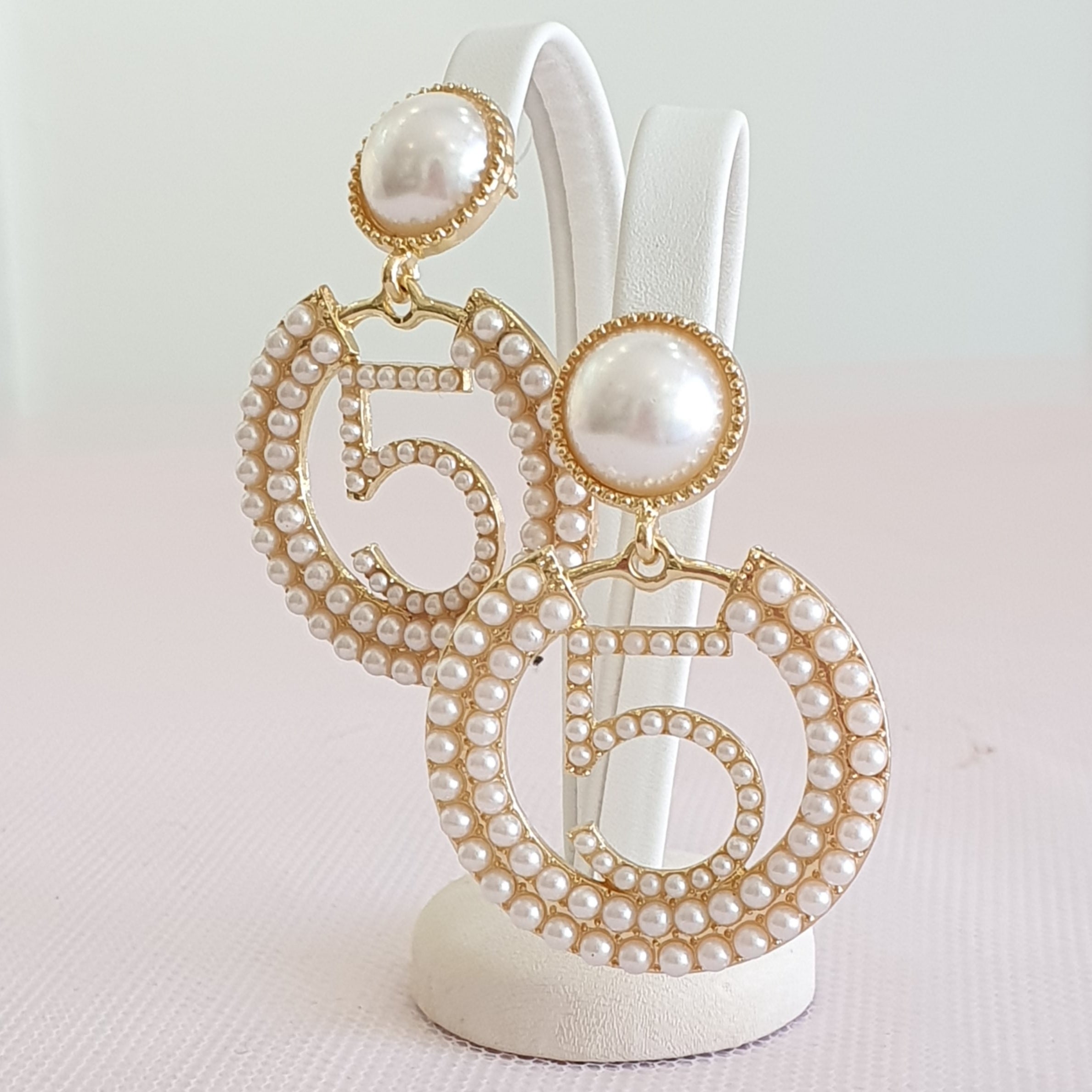 Pearl "5" Gold Dangle Earrings