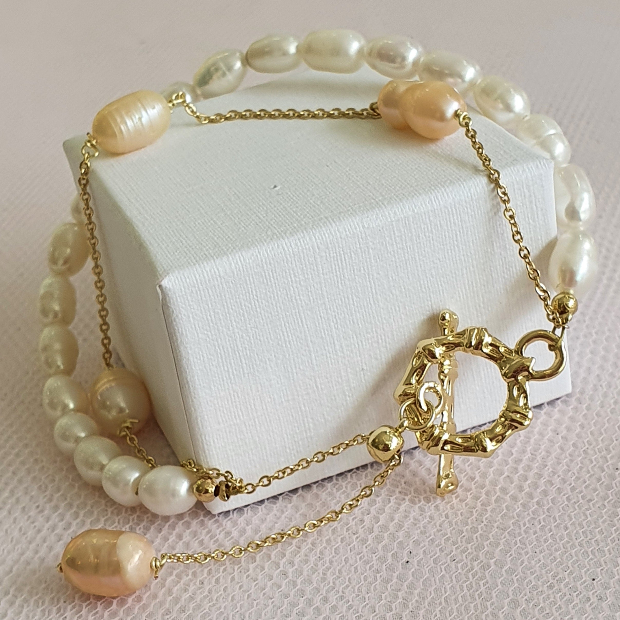 Natural Pink and white Pearl Chain Bracelet