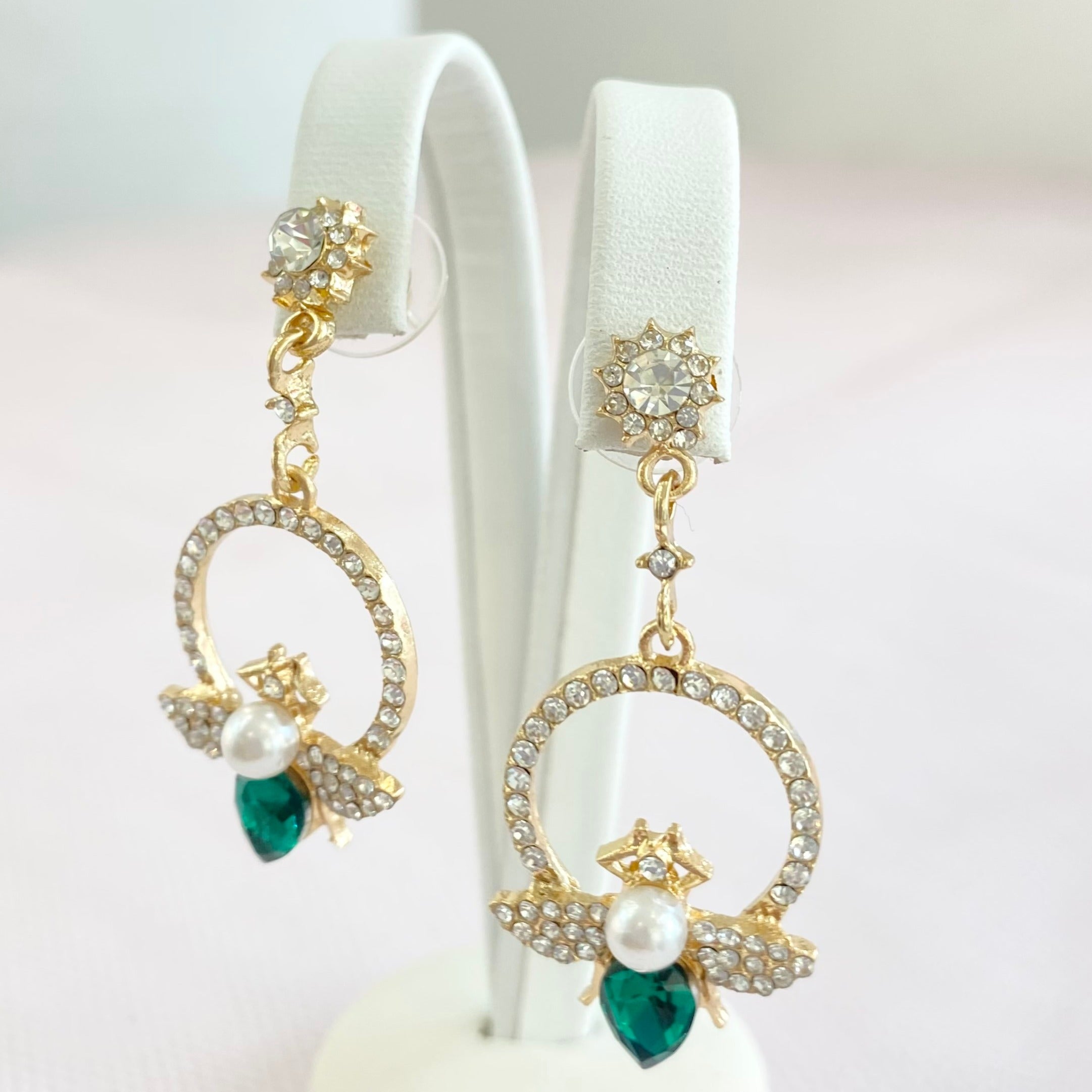 Gold Emerald Bumble Bee Circle Earrings.