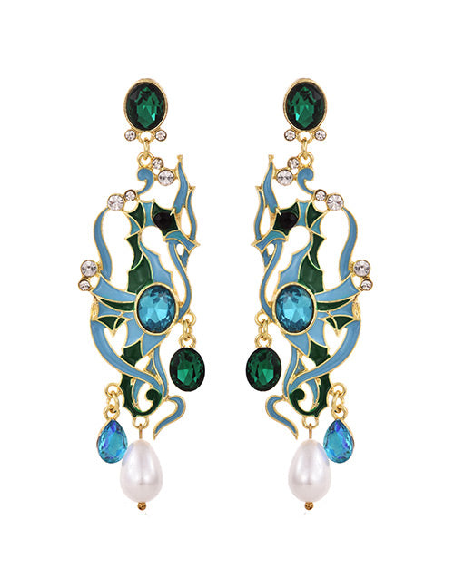 Emerald and Turquoise Seahorse Drop Earrings