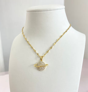 Gold Rhinestone Saturn Necklace.