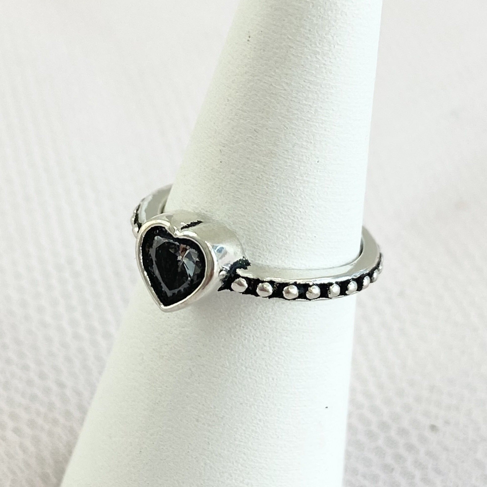 Ash Grey Crystal Heart Silver Ring.