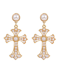 Pearl and Gold Cross Dangle Earrings