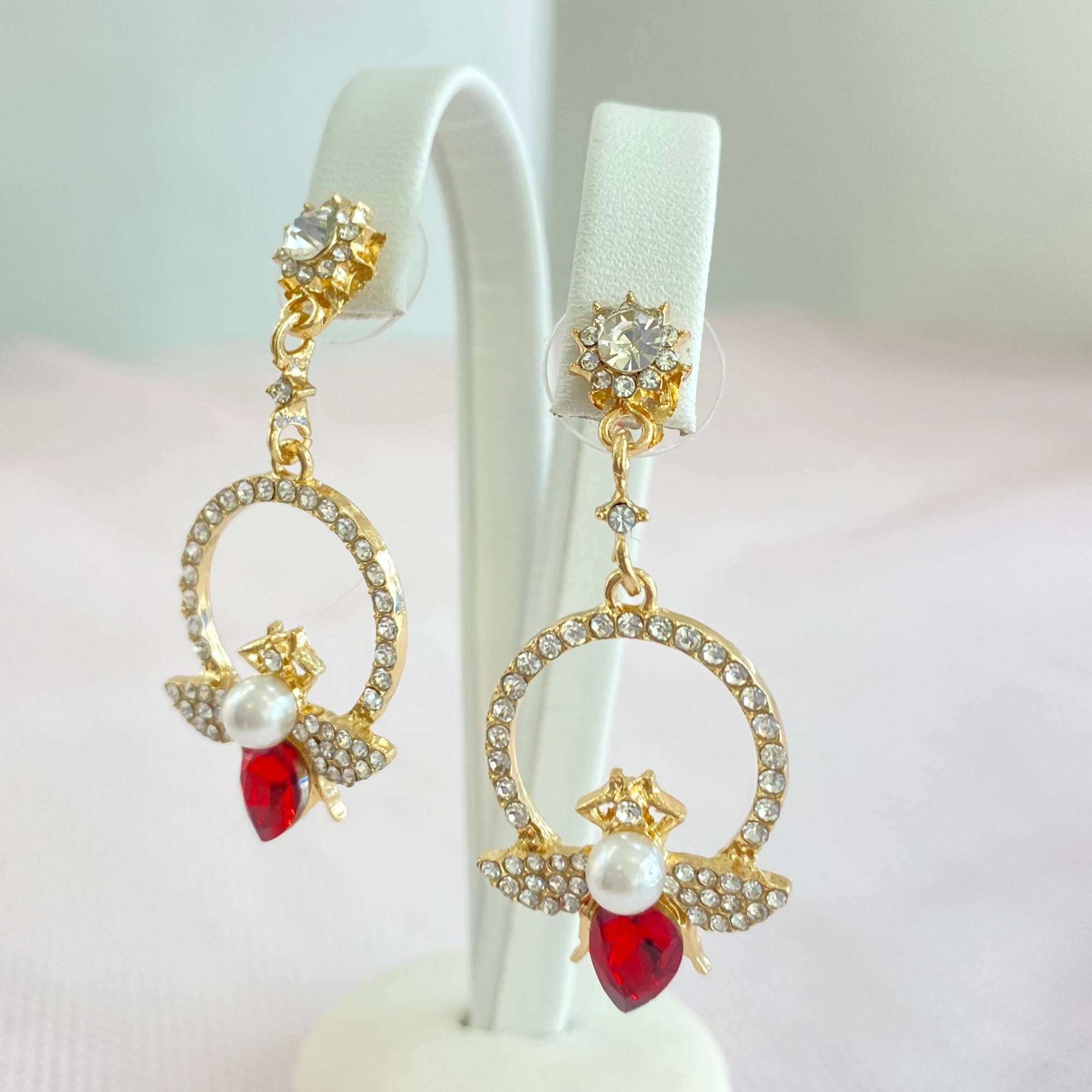 Gold Ruby Bumble Bee Circle Earrings.